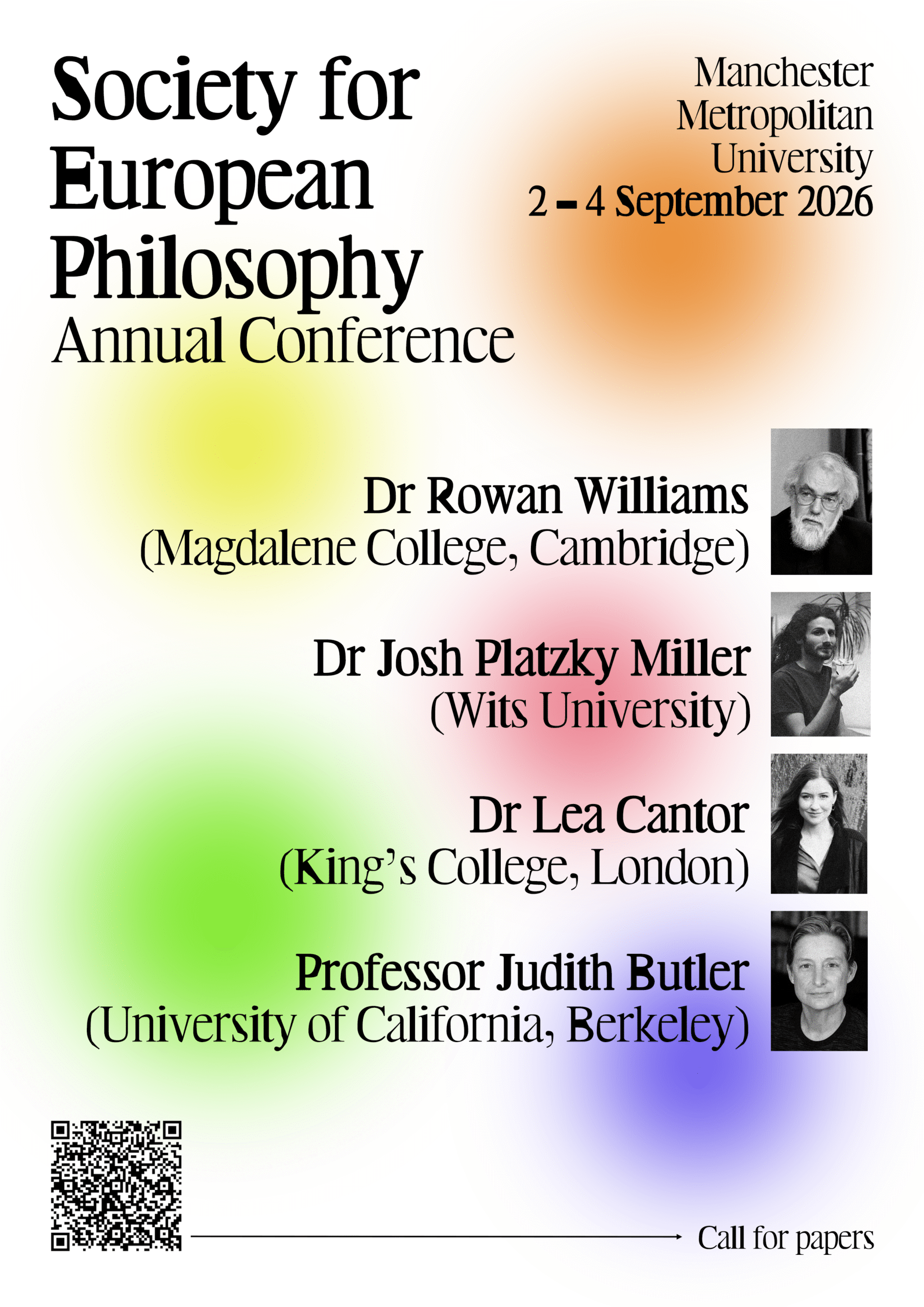 Society for European Philosophy Annual Conference poster. Manchester Metropolitan University, 2–4 September 2026. Plenary speakers: Dr Rowan Williams (Magdalene College, Cambridge), Dr Josh Platzky Miller (Wits University), Dr Lea Cantor (King's College, London), and Professor Judith Butler (University of California, Berkeley).